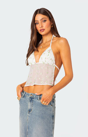 Embroidered Open Back Halter Top image number 5