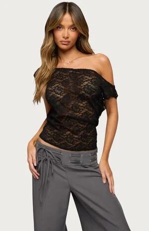 Kessa Sheer Lace Off Shoulder Top image number 1