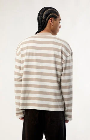 Tan Global Striped Heavyweight Cropped Long Sleeve T-Shirt image number 4