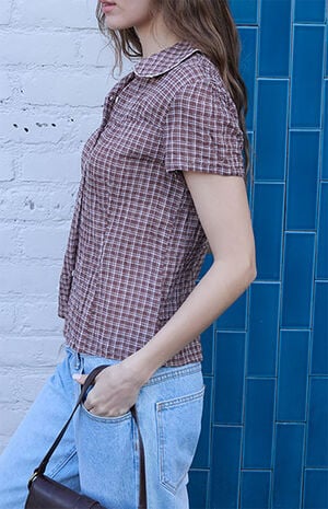 Brown Plaid Textured Teagan Collared Top image number 3