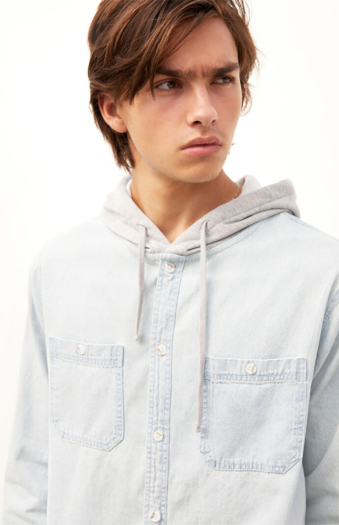 Hooded Denim Long Sleeve Button Up Shirt