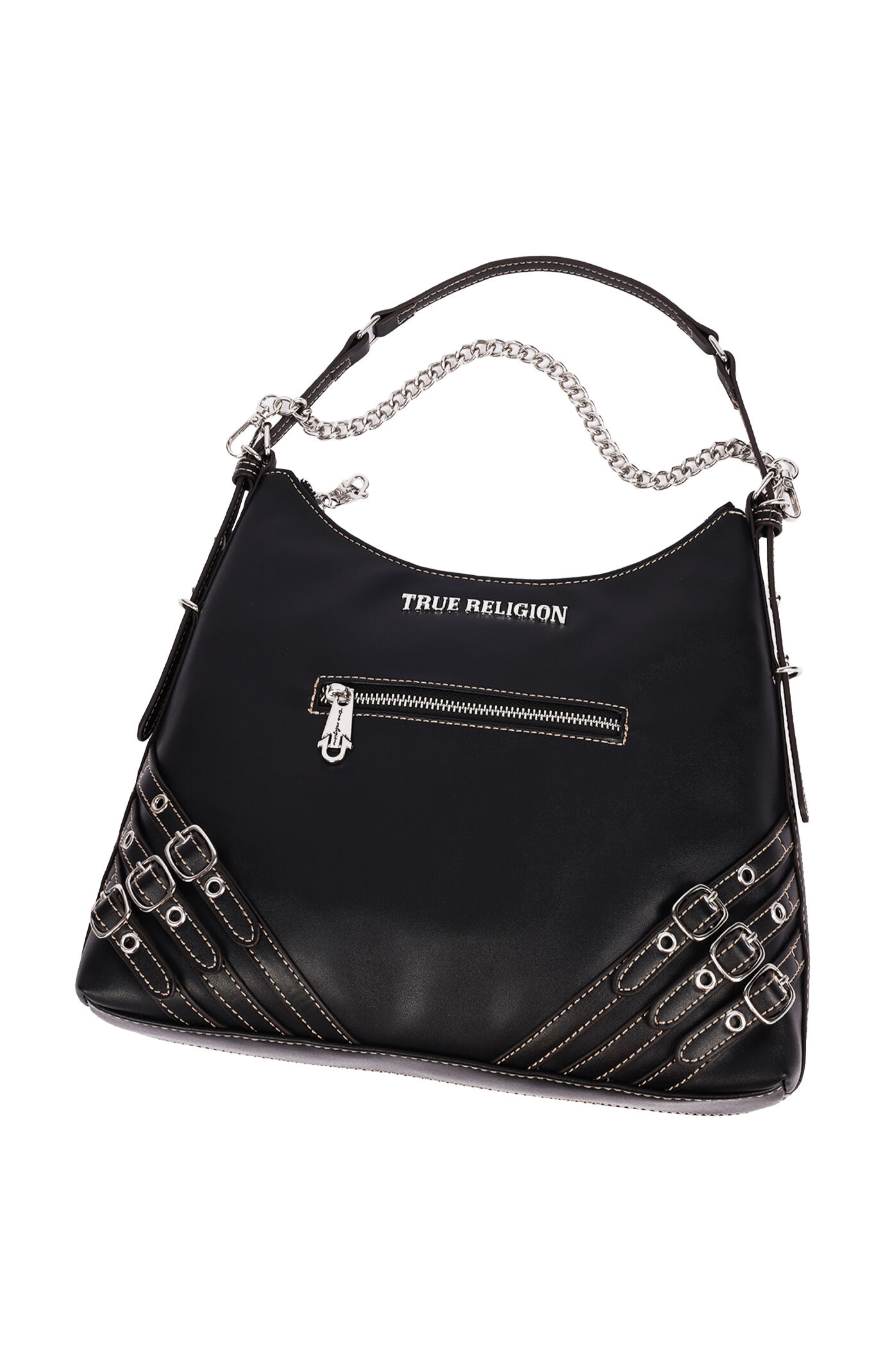 True Religion Black Triple Straps Large Faux Leather Hobo Bag | Pacsun