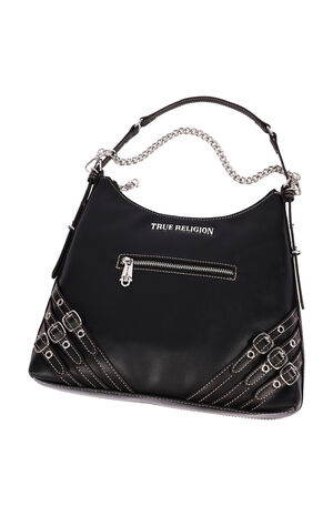 Black Triple Straps Large Faux Leather Hobo Bag image number 8