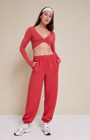 Active Red Twist Front Knotted Long Sleeve Top image number 5