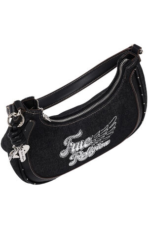 Black Wing Motif Denim Hobo Bag image number 5