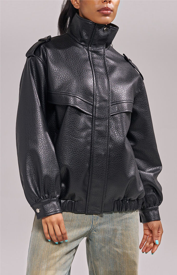 AZALEA WANG Verlander Black Faux Leather Bomber Jacket