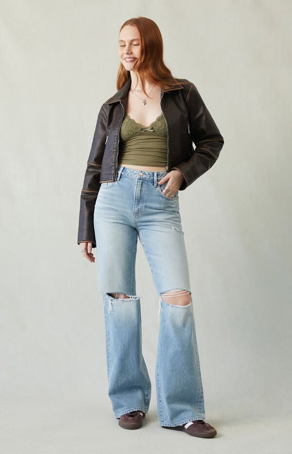 Madison High Waisted Girlfriend Jeans Ripped Light Indigo