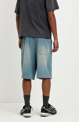 Washed&nbsp;Blue&nbsp;Fleece Baggy&nbsp;Sweat Shorts image number 4