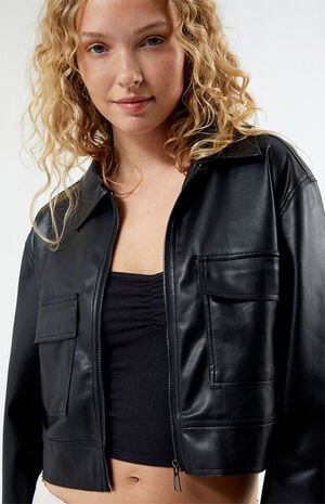 Faux Leather Cropped Cargo Jacket image number 2