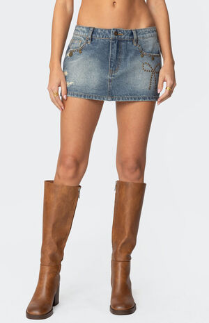 Studded Bow Distressed Denim Mini Skirt image number 2