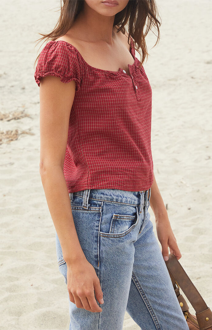 John Galt Red Plaid Clarisse Off-The-Shoulder Top