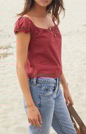 Red Plaid Clarisse Off-The-Shoulder Top image number 3