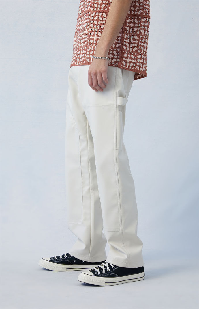 PacSun Cream Carpenter Faux Leather Straight Pants | PacSun