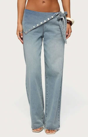 Button Foldover Low Rise Baggy Jeans image number 1