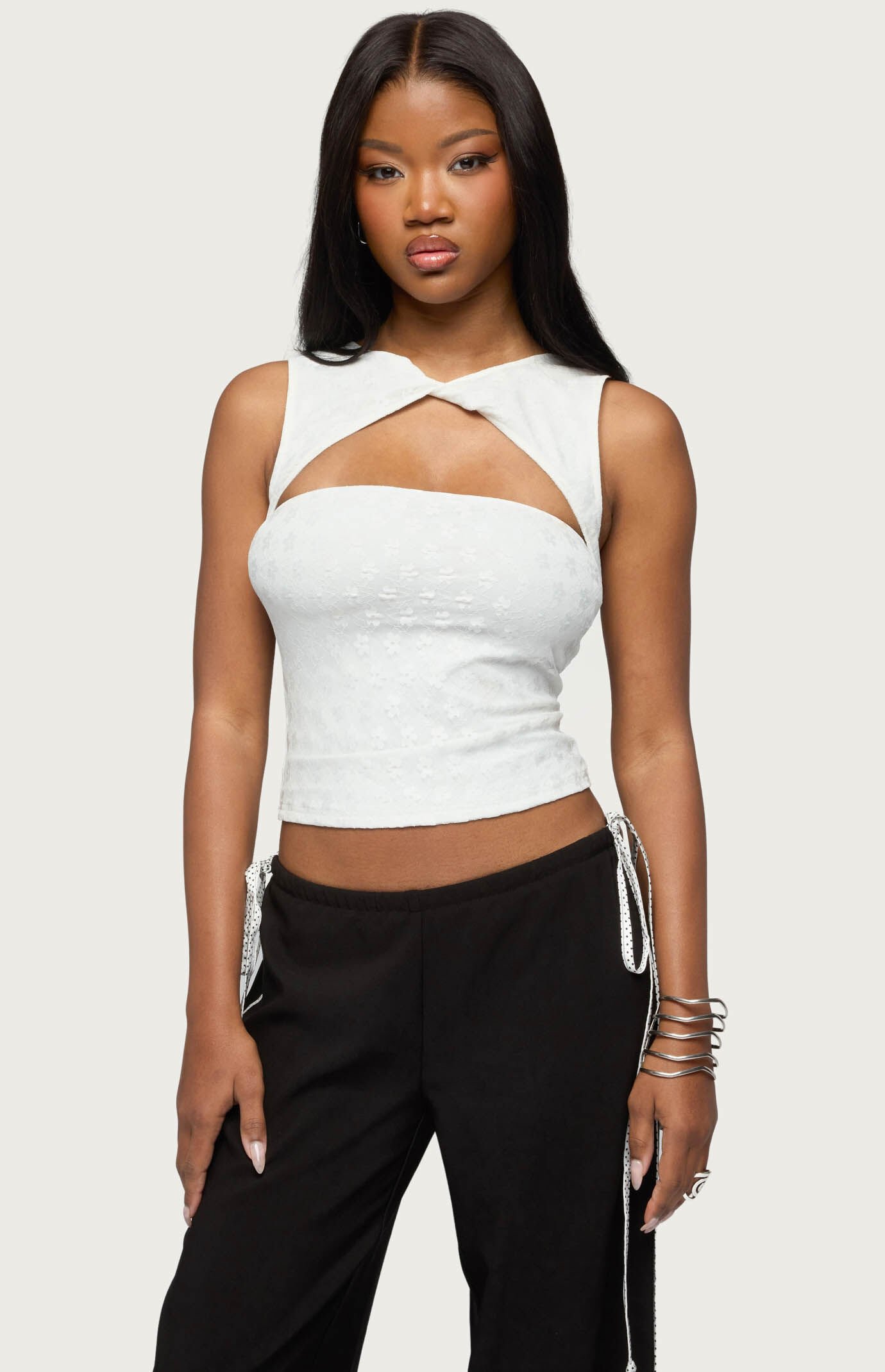 Edikted Elisia Twist Cutout Flower Lace Top