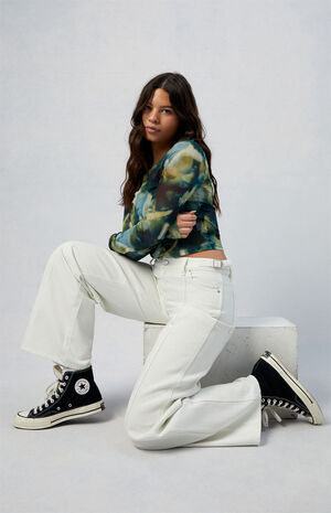 White Paneled Low Rise Baggy Jeans image number 6