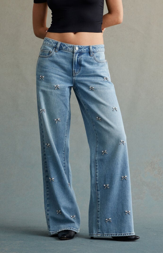 【SCULPTOR】Rhinestone Lowrise Denim Mid Blue Jack David Women's Mid Rise Bootcut Stretchy Denim Jeans