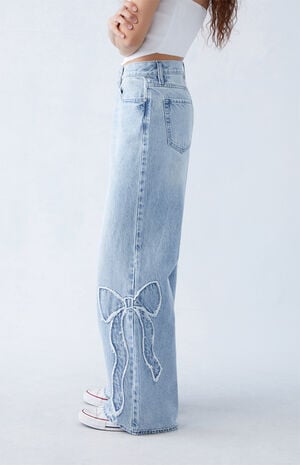 Light Indigo Bow Low Rise Baggy Jeans image number 4