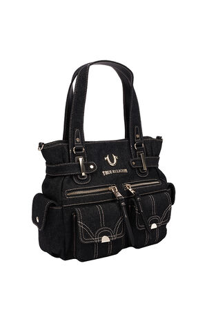 Multi Pocket Black Denim Cinch Tote Bag image number 2