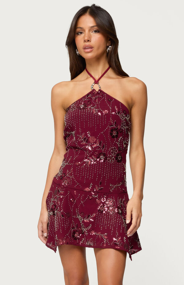 Edikted Women's Adria Bead & Sequin Mini Dress - Burgundy