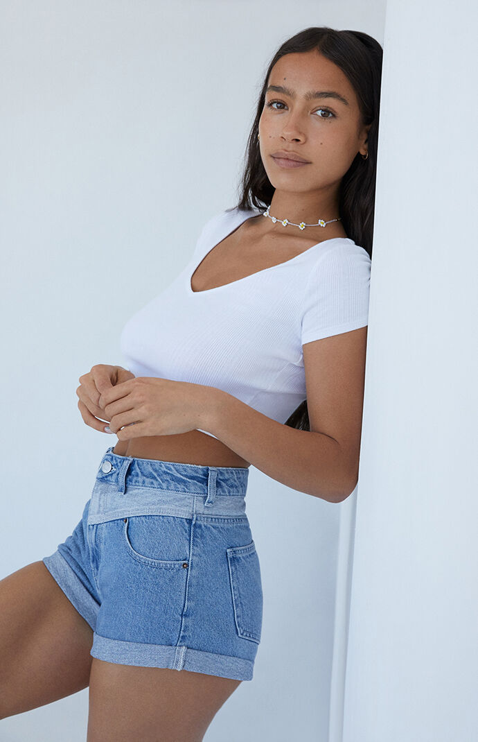 V Yoke Medium Blue Denim Mom Shorts
