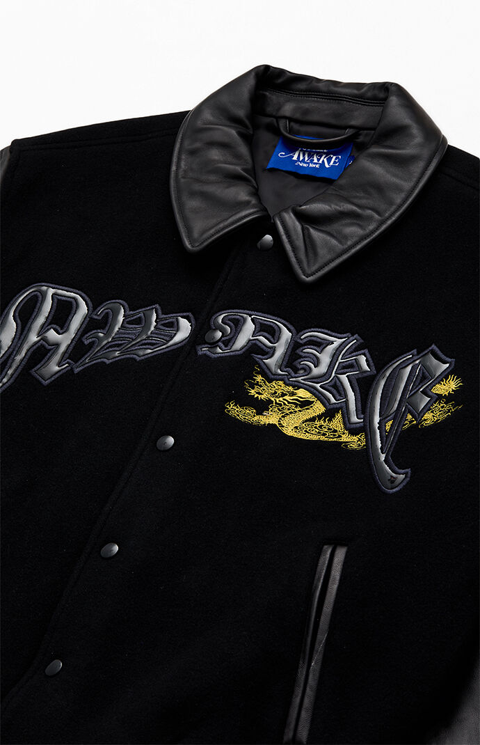 Awake NY Dragon Embroidered Leather Varsity Jacket