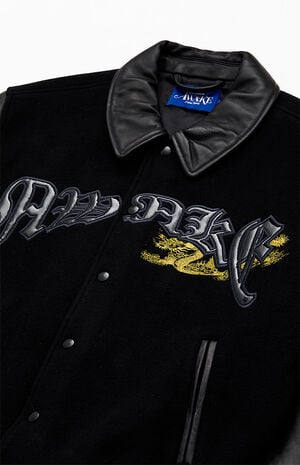 Dragon Embroidered Leather Varsity Jacket image number 3