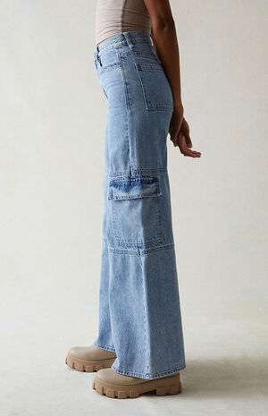 Light Indigo Extreme Wide Leg Cargo Jeans image number 1