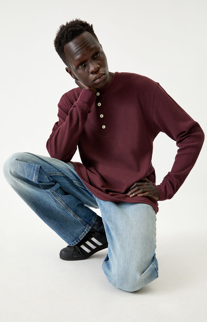 Burgundy Thames Long Sleeve Henley T-Shirt