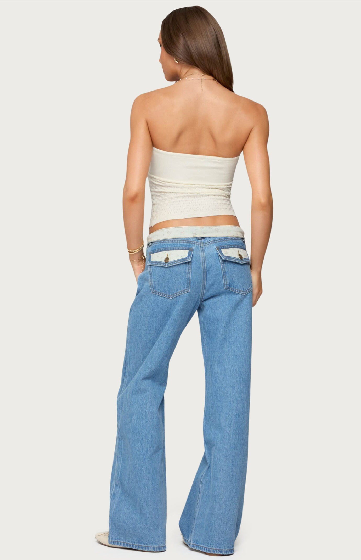 Edikted Floral Foldover Low Rise Jeans