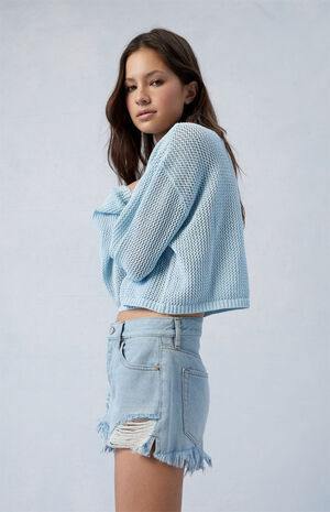 Eco Light Indigo Ripped '70s Cutoff Denim Shorts image number 3