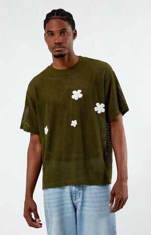 Olive Flower Crochet Oversized T-Shirt image number 1