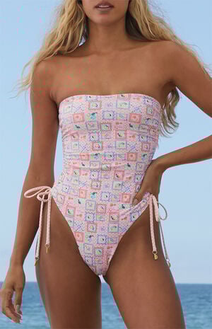 Multicolor Strapless Ruched Thong One Piece Swimsuit image number 3