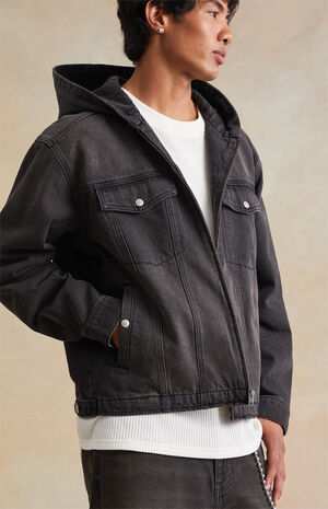 Black Wash Hooded Denim Jacket image number 4