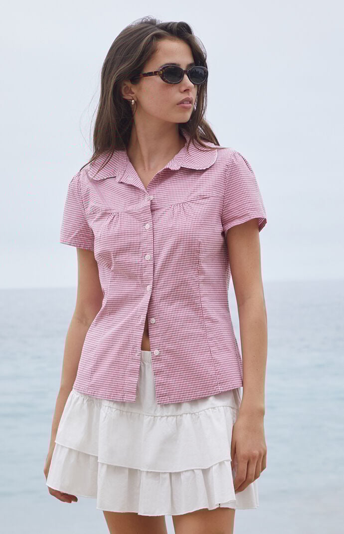 John Galt Red Gingham Teagan Collared Top