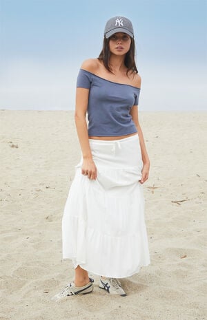 Dark Blue Bonnie Off-The-Shoulder Crop Top