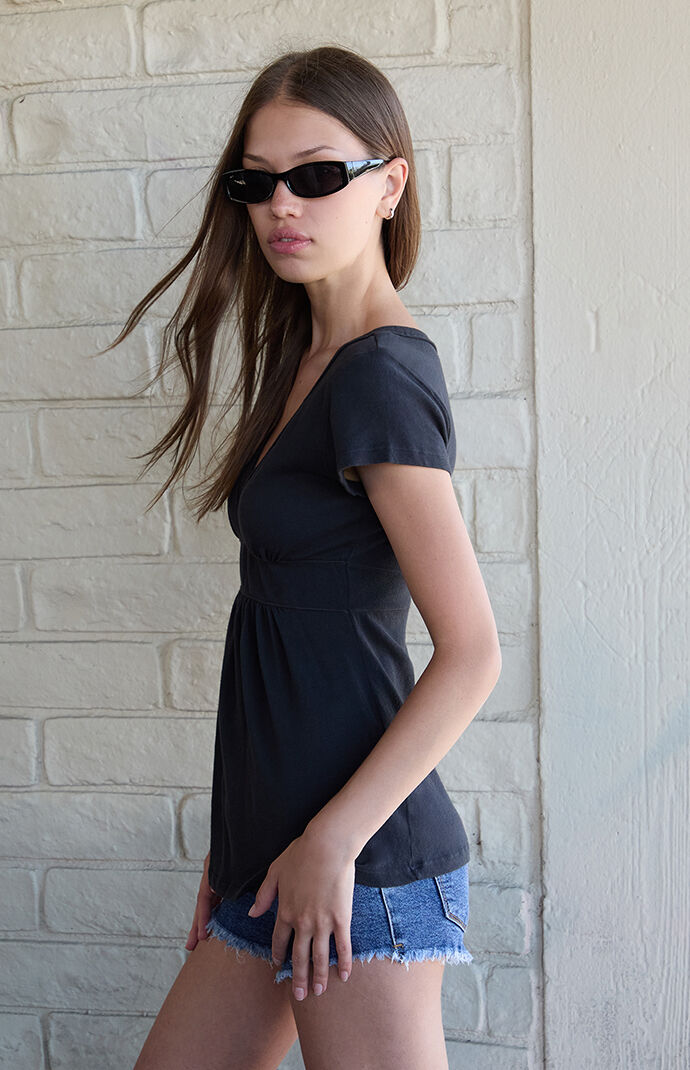 John Galt Black Babydoll V-Neck Top