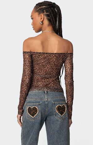 Leopard Sheer Mesh Off Shoulder Top image number 4