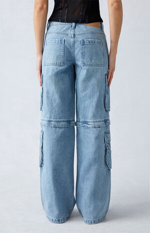 Light Indigo Zip Off Low Rise Baggy Cargo Jeans image number 4