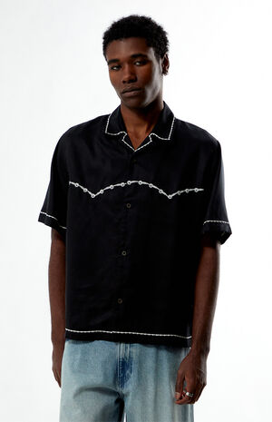 Black Western Embroidered Oversized Resort Camp Shirt image number 1