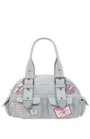 Denim Blue Multi Patch Satchel Bag image number 1