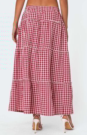 Gingham Side Slit Tiered Maxi Skirt image number 5