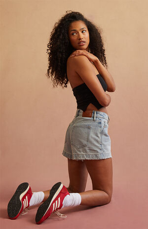 Light Blue A-Line Denim Mom Shorts image number 2