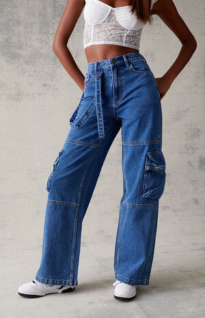 Medium Blue Utility Baggy Cargo Jeans image number 1