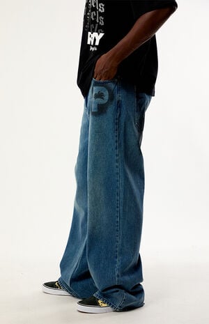 Medium Blue Graffiti Logo Baggy Wide Leg Jeans image number 4