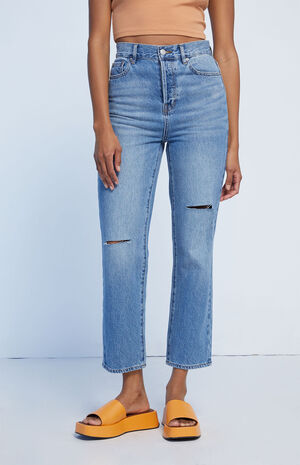 Eco Medium Blue Ripped High Waisted Straight Leg Jeans image number 2