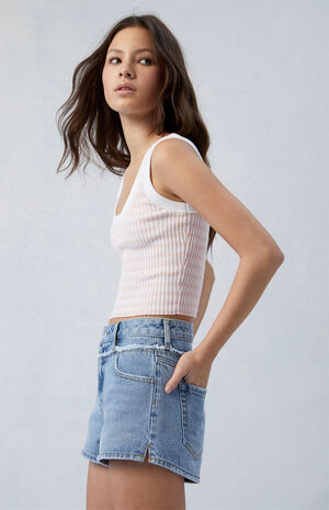 Eco Light Indigo Frayed High Waisted Denim Festival Shorts image number 3