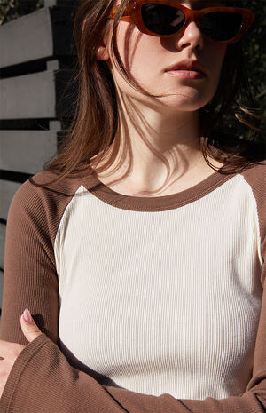 Brown & White Bella Long Sleeve Colorblock Top image number 3