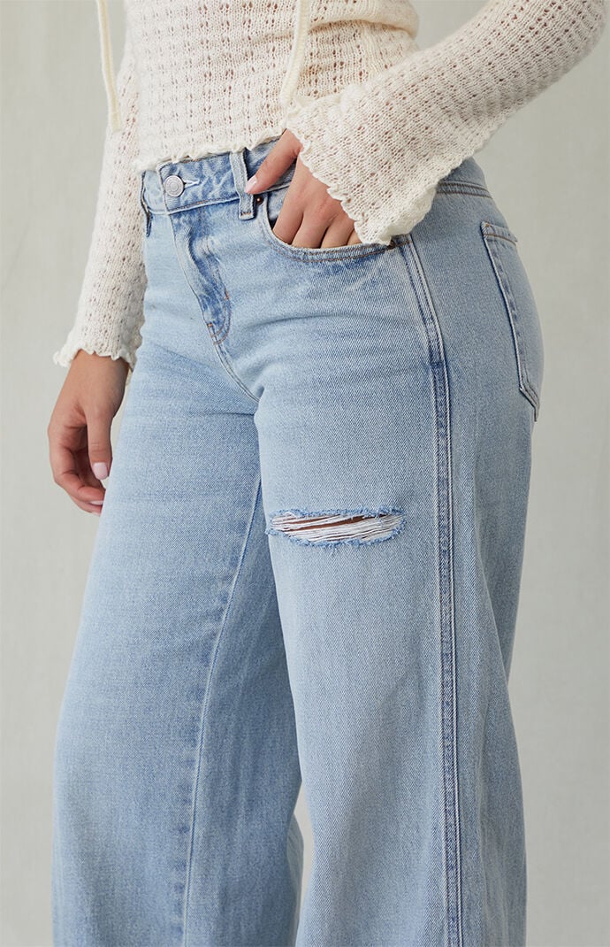Pacsun Casey Low Rise Baggy Jeans Ripped Slit Light Indigo