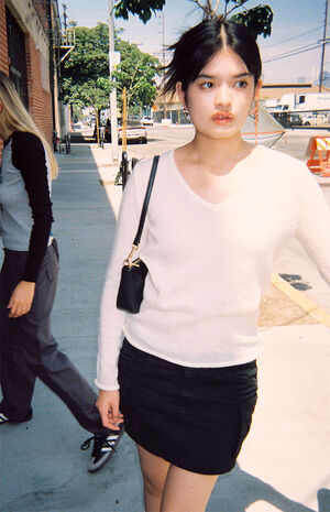 White Bell Sleeve V-Neck Sweater image number 1